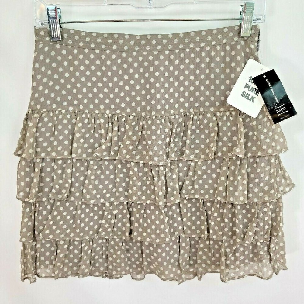 NWT INC Skirt Size 2 Silk Polka Dot Taupe Gray White Ruffles